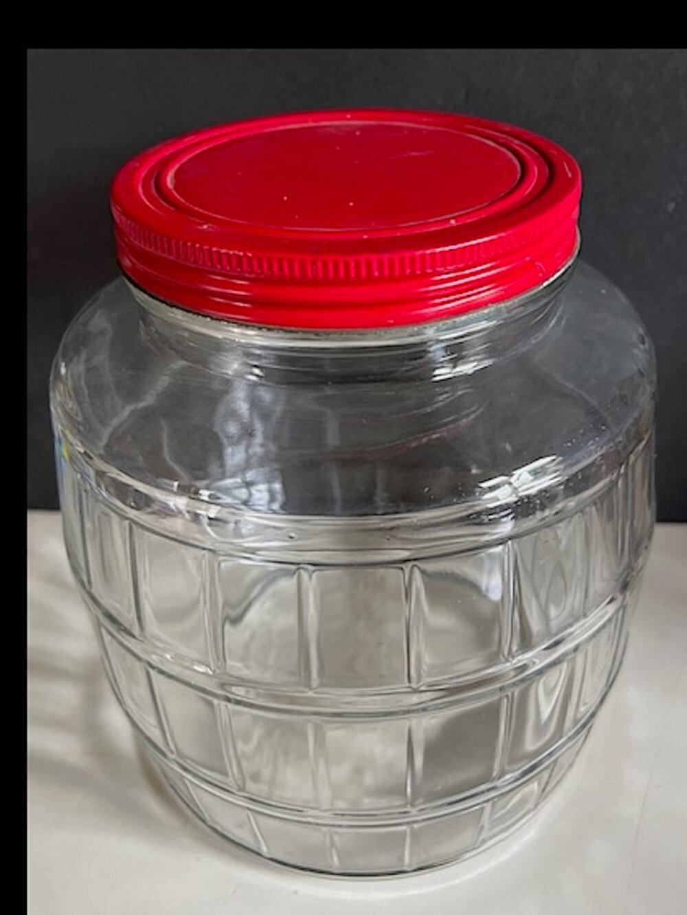 Vintage Clear Glass 1 Gallon Barrel Shaped Pickle Jar with RED Metal Lid